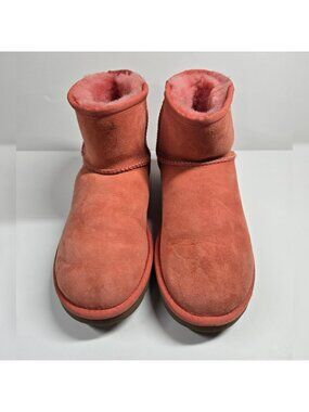 UGG Classic Mini Shearling winter Boots. Coral pink suede uppers.